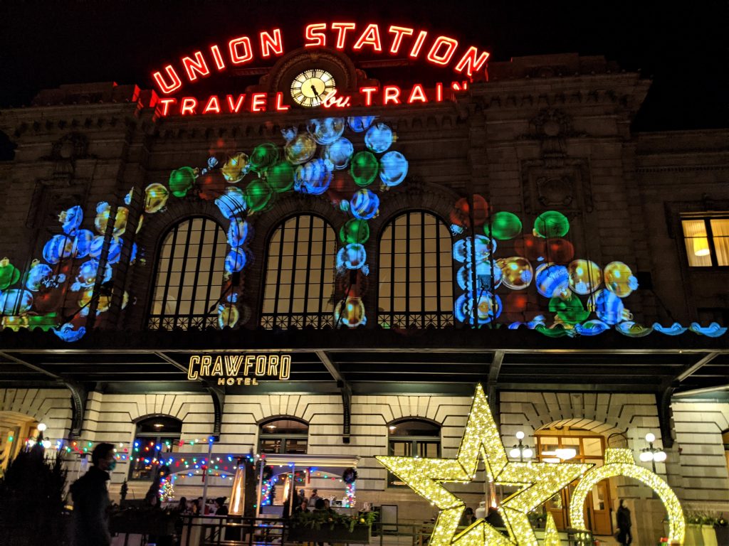 union station with christmas lights