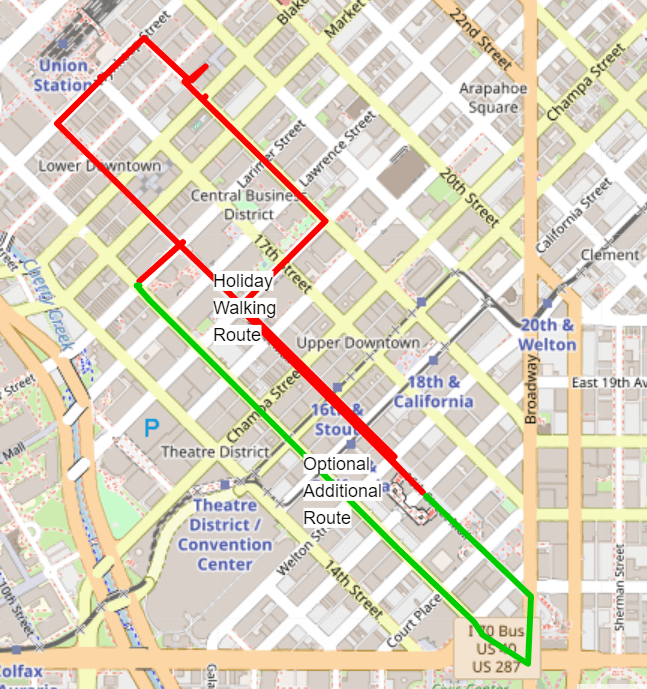 Walking Route of Denver's Downtown Holiday Lights and Floats Denver